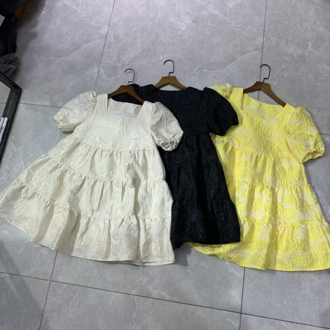 

Fashion Designer Runway Summer Cute Girl Jacquard Dress Lady Puff Sleeve Embossed Loose Mini Cocktail Gown