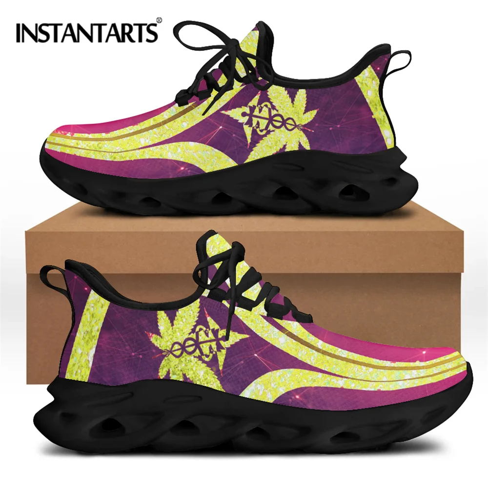 

INSTANTARTS Fashion Galaxy Leaves Printing Sneakers Shoes for Women Lace up Casual Platform Flat Lightweight Soft Zapatillas