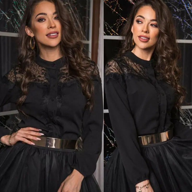 Женские кружевные ажурные рубашки Hirigin модная офисная черная туника на пуговицах