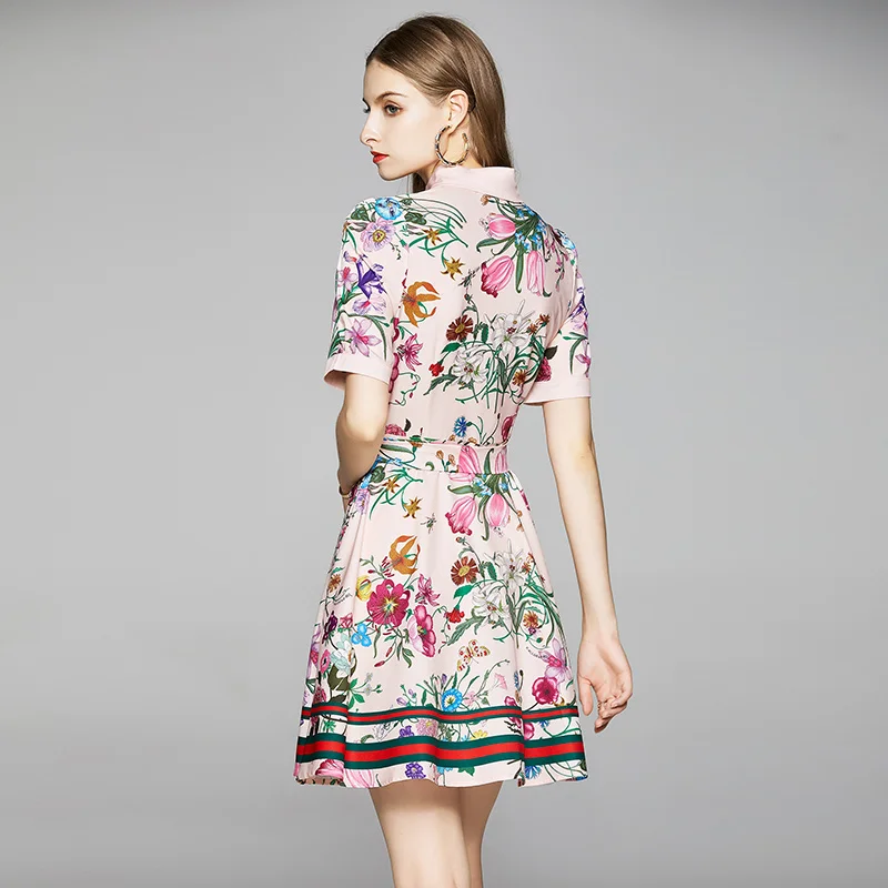 

2021 high quality European and American fashion versatile close waist thin positioning printing short sleeve dress women