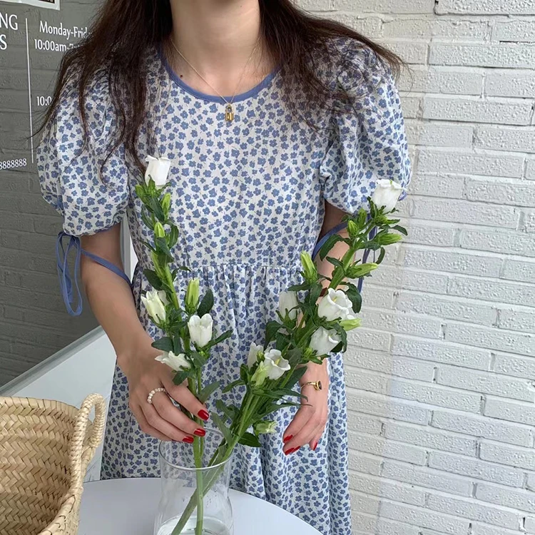 

KUSAHIKI Women Floral Dress Bow Tie Puff Sleeve Sweet Causal O-neck Vestidos Femme High Waist A-line Dresses 2021 New 6H443
