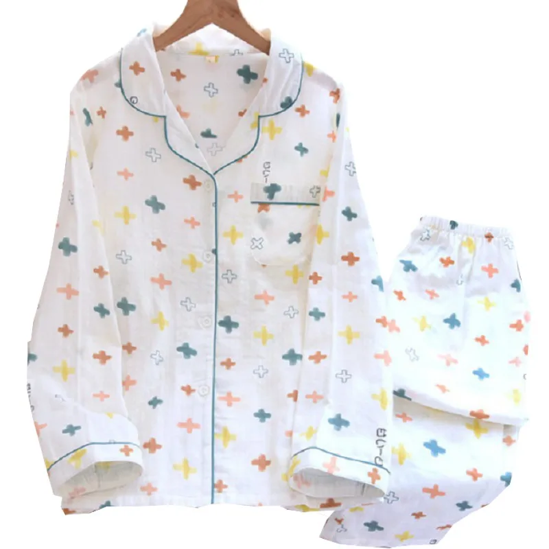 

Пижама женская хлопковая, с длинным рукавом и отложным воротником, на весну/лето