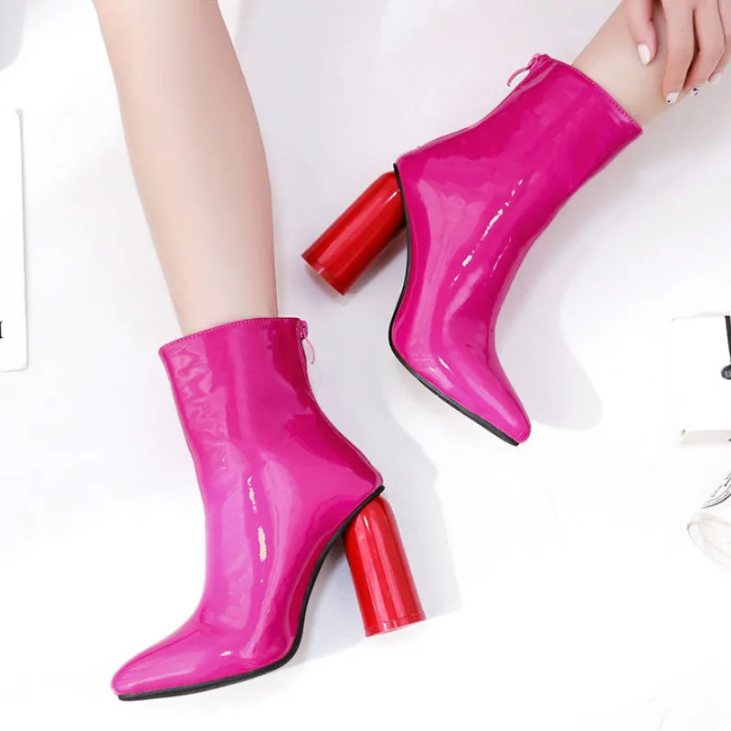 

Zip Ankle Boots for Women Rose Red Patent Leather High Heels Shoes 2020 Runway T-show Dancing Party Short Boots Botas Mujer P236