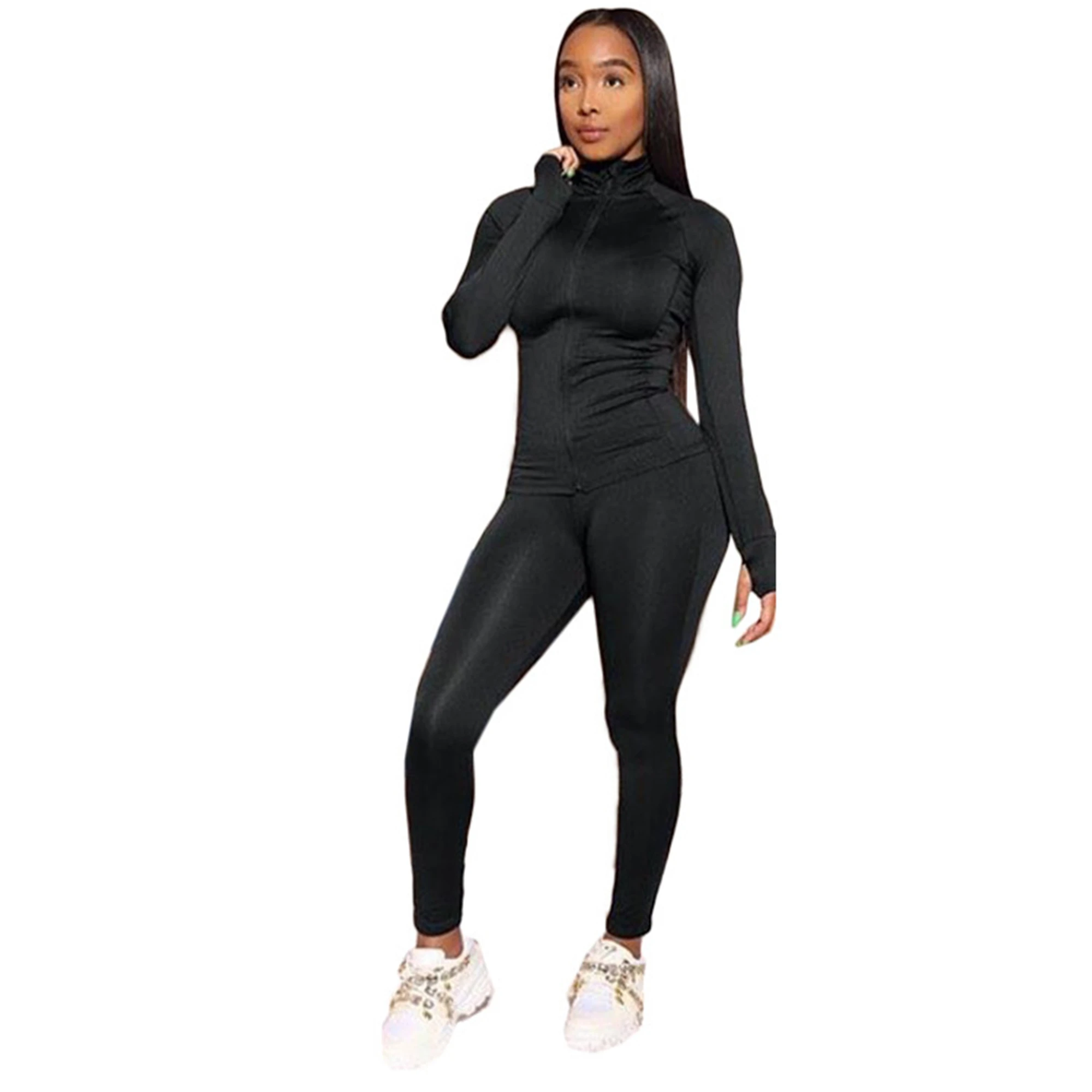 

Hot Pure Color Slim Zipper Long-Sleeved Fitness Top Jacket High Waist Hip-Lift Breathable Quick-Drying Yoga Leggings Tights Suit