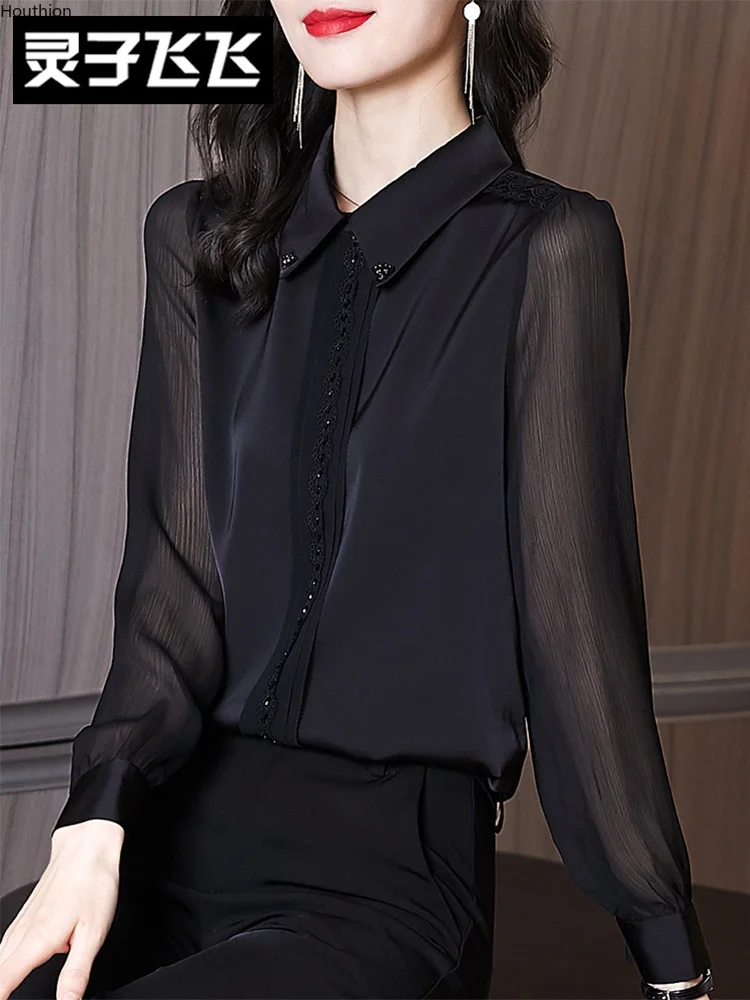 

Summer New Women's Blouses Polo Shirt Long Sleeve Top Stitching Blouse Solid Color Chiffon Casual Fashion Loose