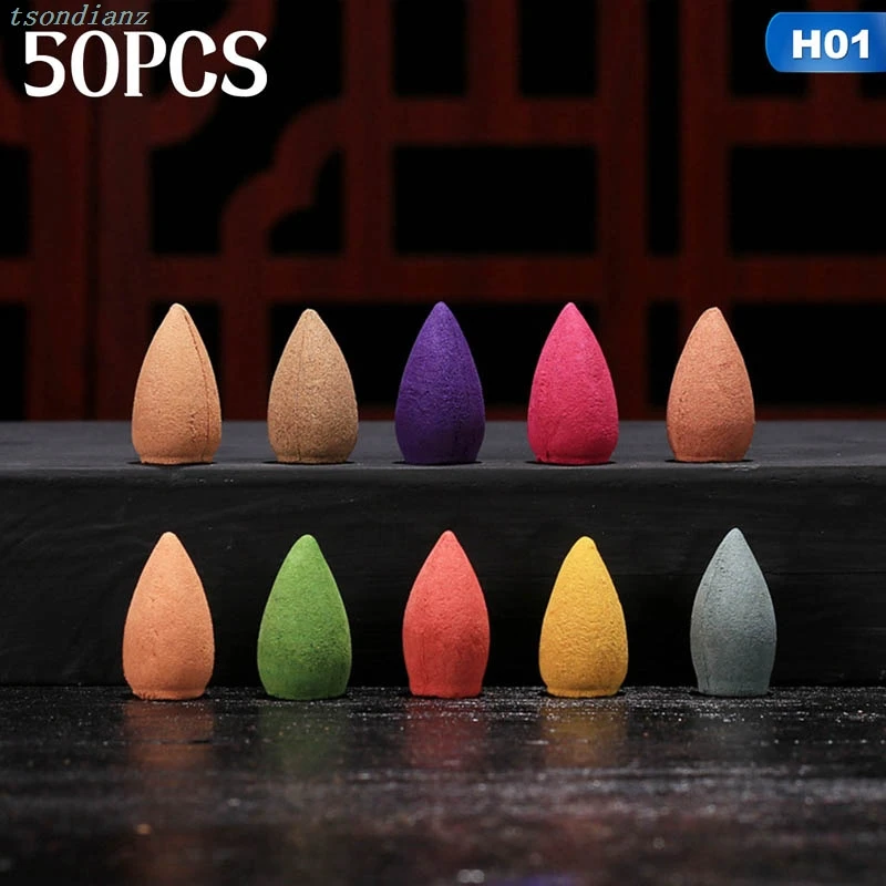 

50PCS Natural Sandalwood Backflow Incense Colorful Indoor Tower Zen Incense Aroma Air Purify Freshener Cone Home Supply