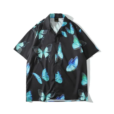 Рубашка S79 мужская с короткими рукавами, тонкая блуза свободного покроя с бабочками, в Корейском стиле, цвет черный/белый, лето 2021