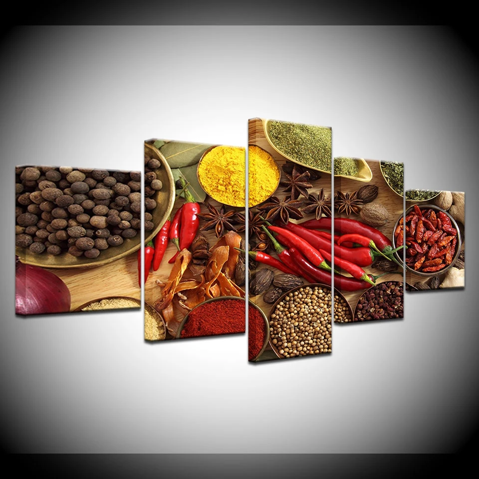 

Home Decor Wall Art Framed Posters Prints 5 Panel Spoon Grains Spices Peppers Canvas Painting Kitchen Modular HD Food Picture
