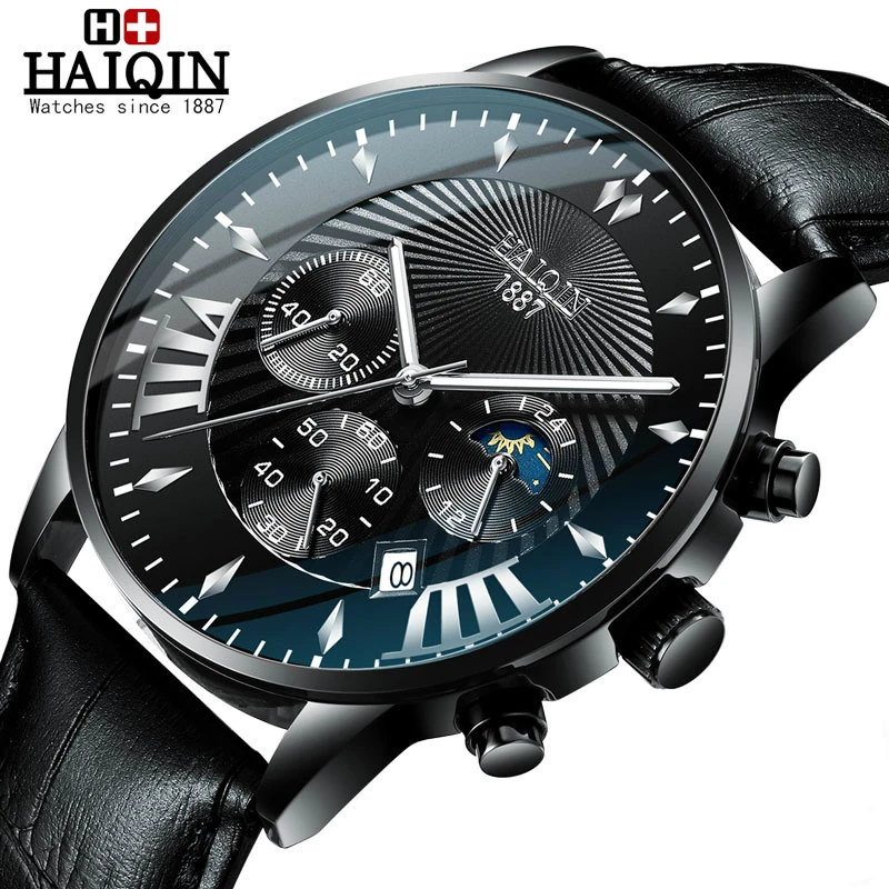 HAIQIN Роскошные мужские часы с кожаным ремешком спортивные Кварцевые