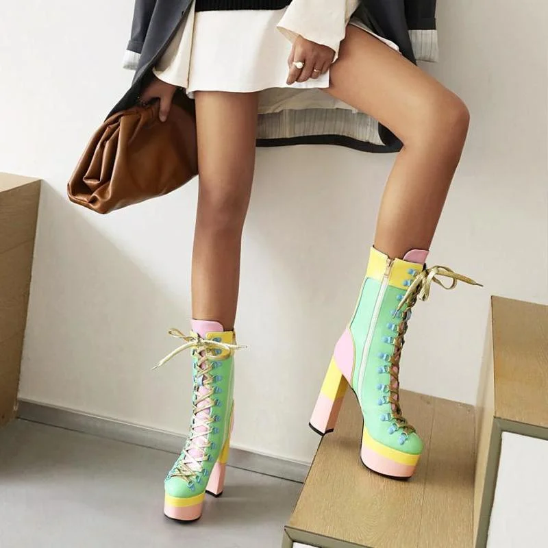 FXYCMMCQ Winter Women's 13cm Super High Heel Catwalk Style Nightclub Color Matching Sexy Lace-up Boots 1016