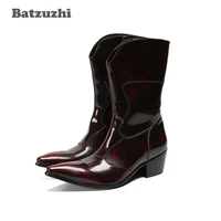 batzuzhi western cowboy mens boots wine red leather boots medium calf pointed toe 6 5cm heels motorcycle military boots us6 12