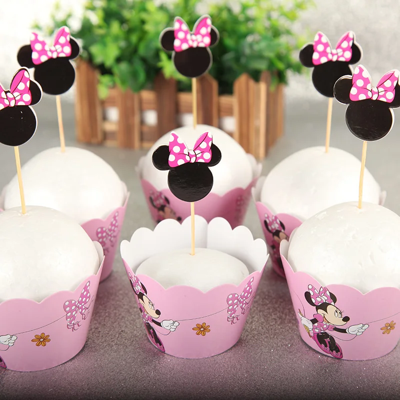 24 шт./лот топперы для торта на день рождения розовая чашка с Минни Маус вечерние
