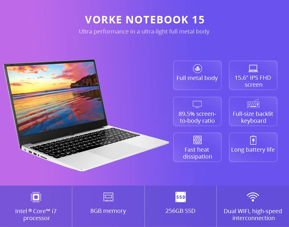VORKE ноутбук 15 ноутбук Intel Core i7-4500U 15,6 ''экран 1920*1080 Windows 10 компьютер 8 Гб DDR4 256 ГБ SSD игры ноутбуки
