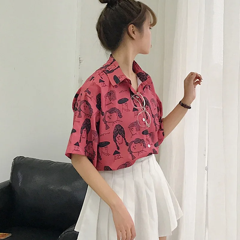 

EFINNY Cartoon Print Women Blouses Shirt Loose Short Sleeve Summer Shirt Ladies Print Blouse