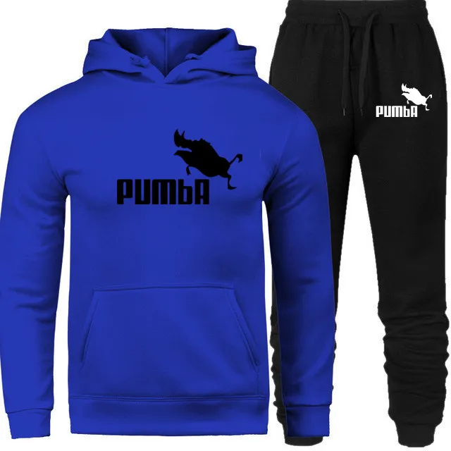 PUMBA, новая мода, мужские толстовки, костюмы, брендовый спортивный костюм для мужчин/женщин, толстовки+ спортивные штаны, Осень-зима, флисовый пуловер с капюшоном - Цвет: blue