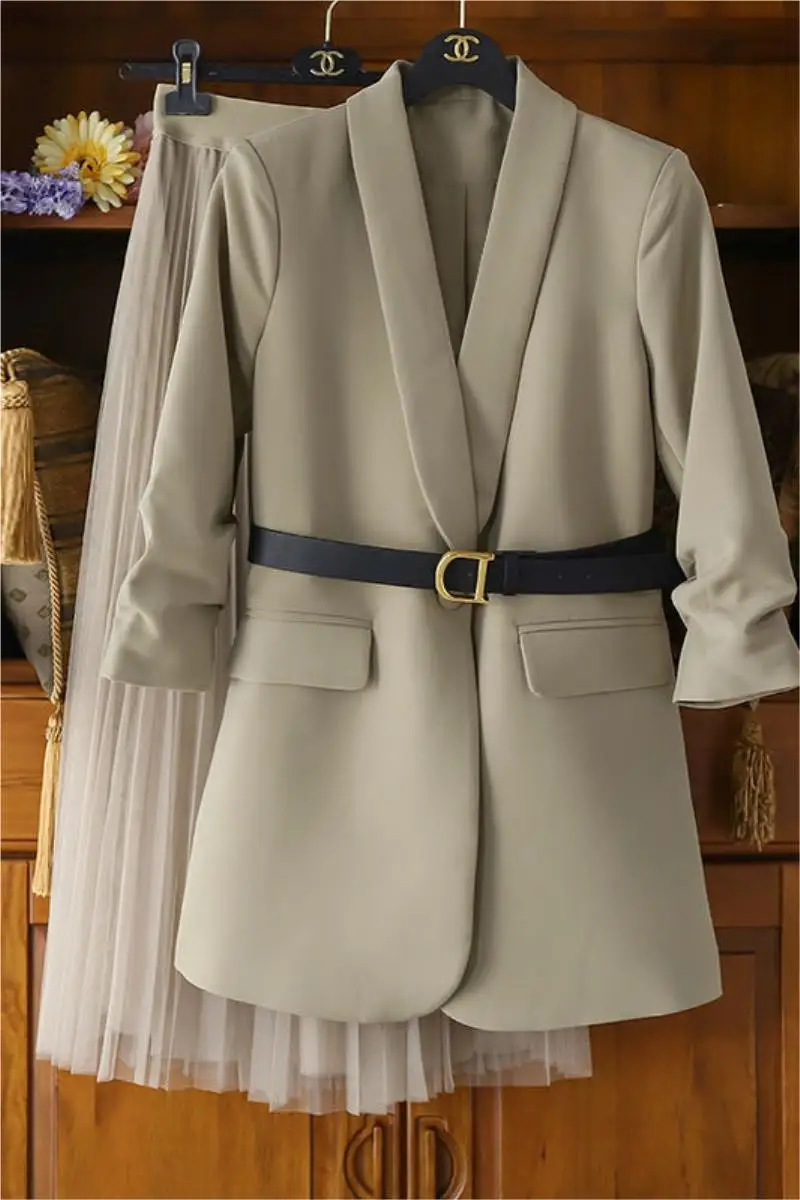 

Plus Size Women's Spring And Autumn New Fashion Temperament Waist Slimming Suit Jacket Mesh Skirt Two-piece Trend