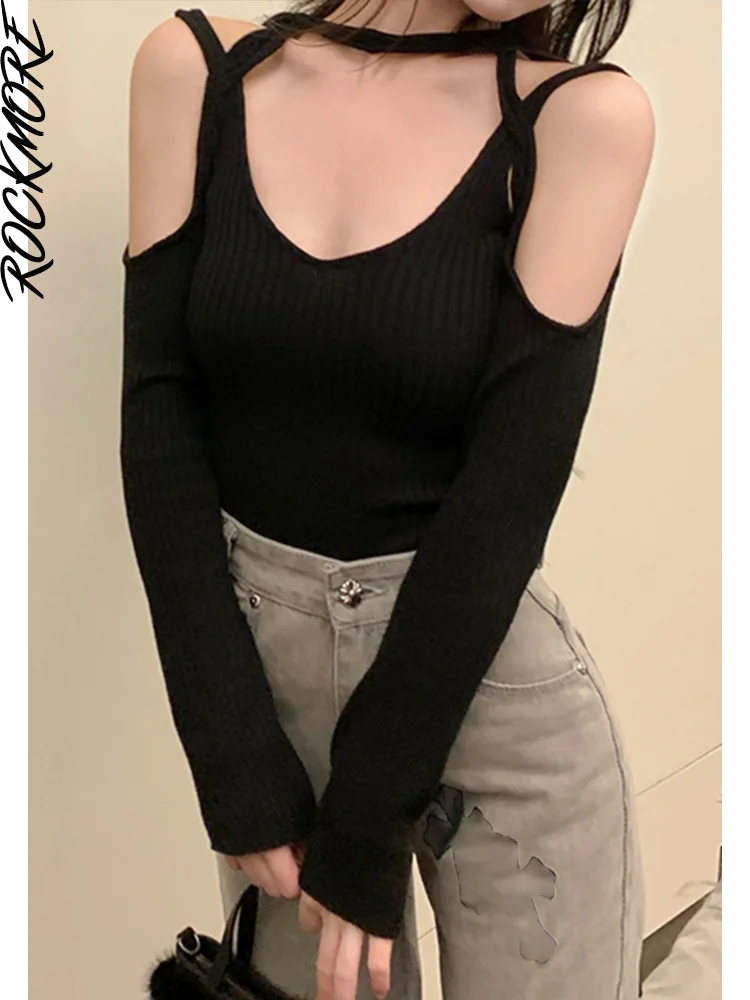 

Rockmore Сексуальная футболка с открытыми плечами для женщин Y2K уличная футболка с длинным рукавом с вырезом укороченный топ Корейская Базовая ...