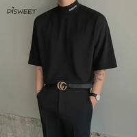 letter embroidered black t shirt men korean loose half turtleneck tees boy 2022