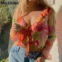 mozision 2021 summer print long sleeve t shirts women y2k ruffles printed crop tops ladies bandage beach casual sexy tee shirt