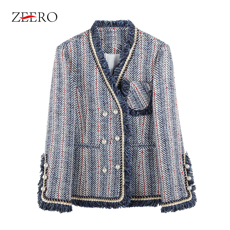 Harajuku Blue White Striped Tweed Jacket 2019 Winter Women Long Sleeve V Neck Elegant Overcoat Bead Pearls Tassels Cardigan Coat | Женская