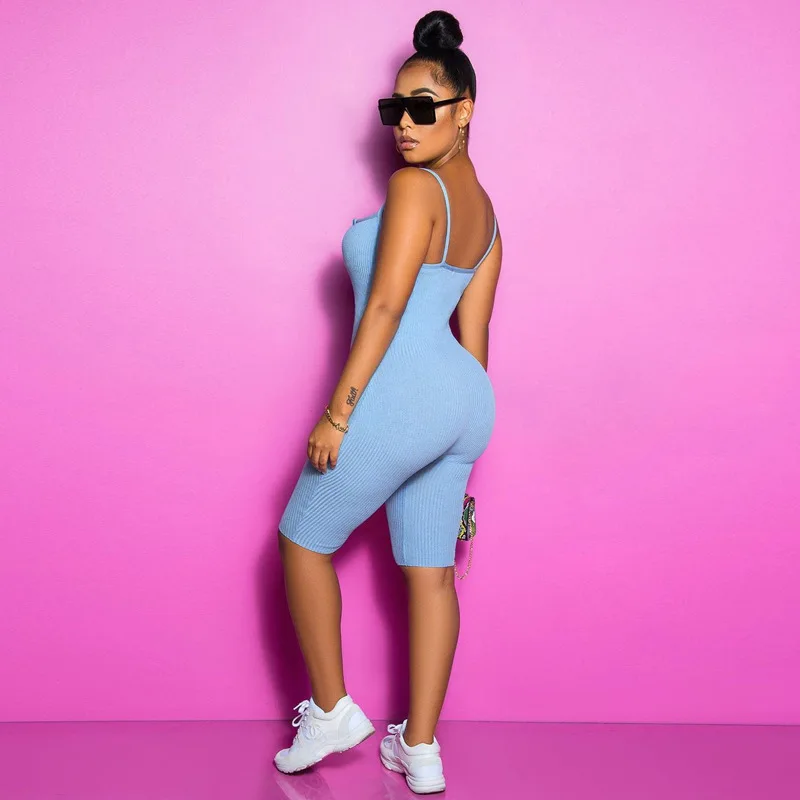 

2021 Casual Women Summer Clothes Solid Color Sleeveless Sling Ribbed Knitted Zipper Sportswear Slim One Piece Romper Jumpsuit