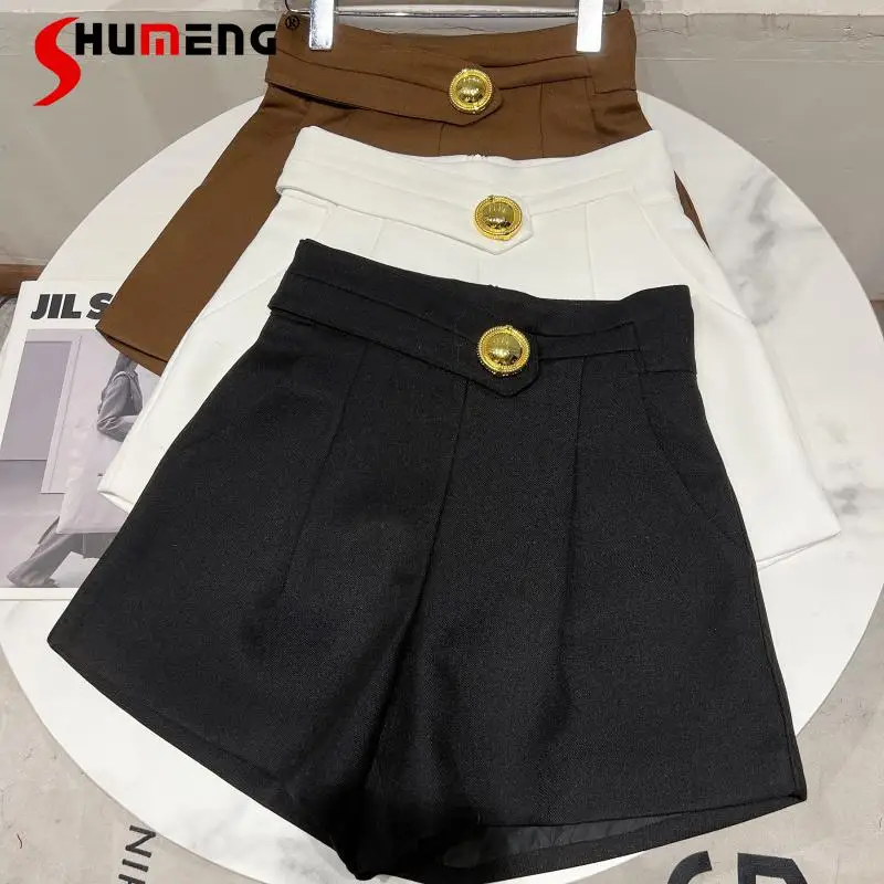 

2021 Winter New Metal Buckle Asymmetric Woolen Shorts Women's Fashion Solid Color Loose Shorts for Ladies