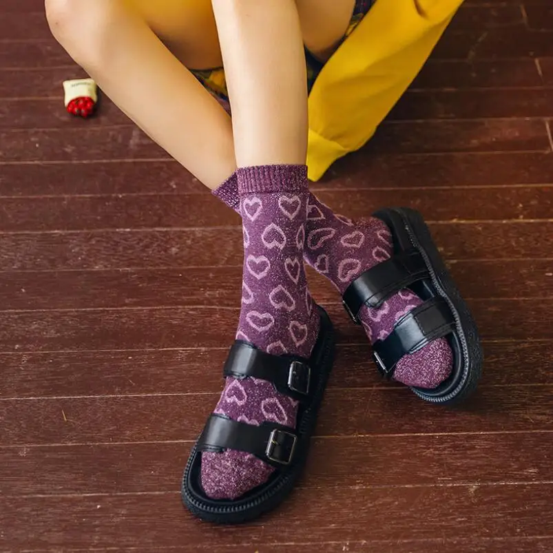 Heart Embroidered Girls Lurex Socks Students Soild Cotton Shining Crew Sock Woman Summer Winter Glitter Embroidery Ankle Socks