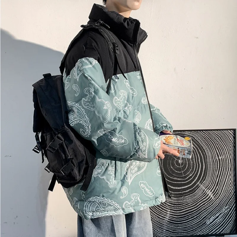 Large Size Male Cashew Flower Bear Print Loose Cotton Jacket 2021 Color Matching Stand-up Collar Warm Jacket Winter Coat