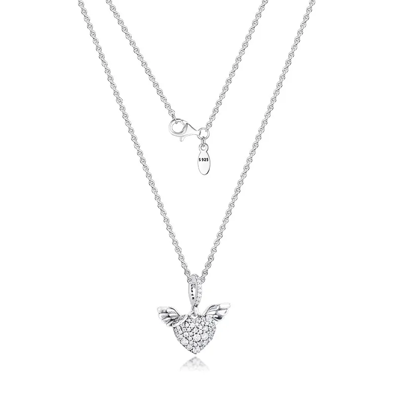 

Pave Stones Heart & Angel Wings Silver Necklaces for Women Fashion Female Choker Necklace 925 Sterling Silver Jewelry Chain Girl