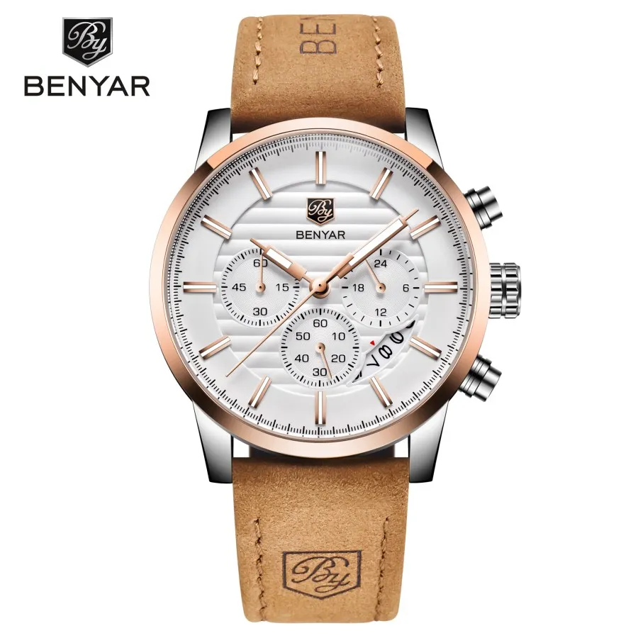 

2023 Benyar Design Top Brand Quartz Watch Men Leisure Sports Watch Male Waterproof Leather Clock Relogio Masculino Montre Homme