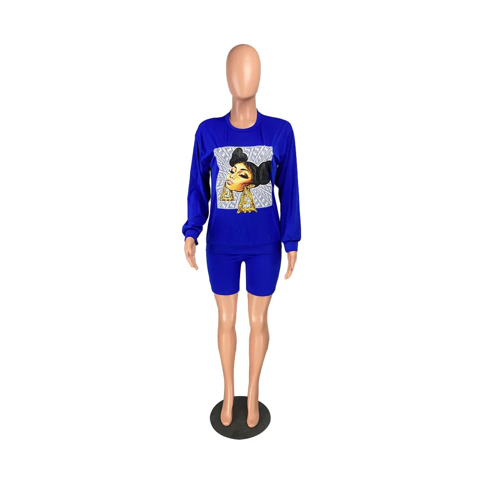

Harajuku Character Print Sweatsuit Women Long Sleeve Loose Sweatshirt Bodycon Biker Shorts Casual Skinny Stretchy Two Piece Sets