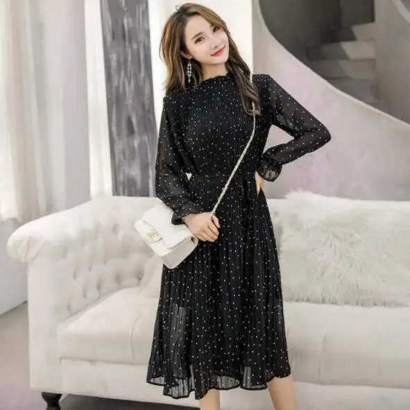 Женское шифоновое платье в горошек элегантное плиссированное трапеция с длинным