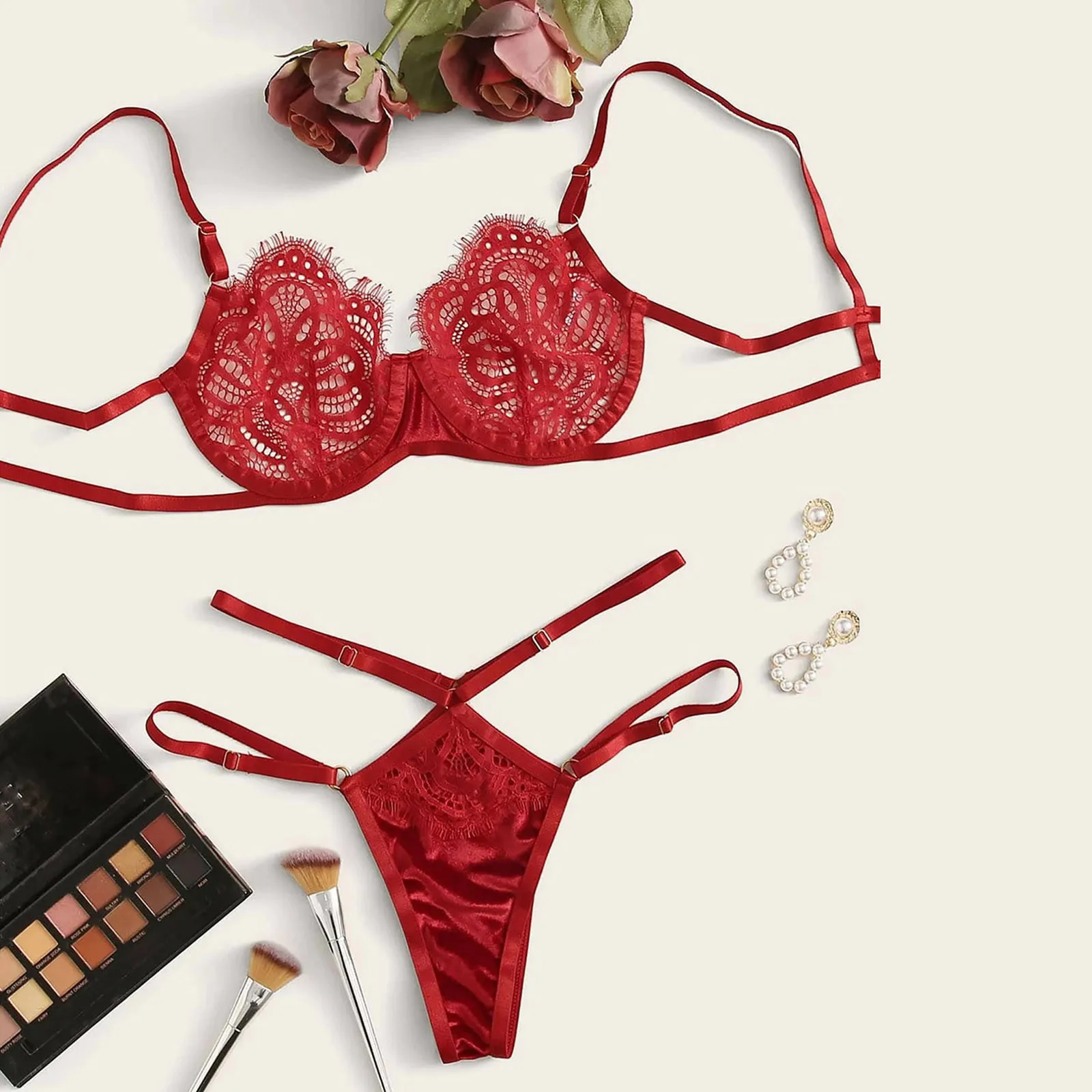 

Women Lace Sexy Lingerie Set Underwear Sleepwear Female Perspective Push Up Bra Bandage Briefs Suit Nightwear Erotic Costume