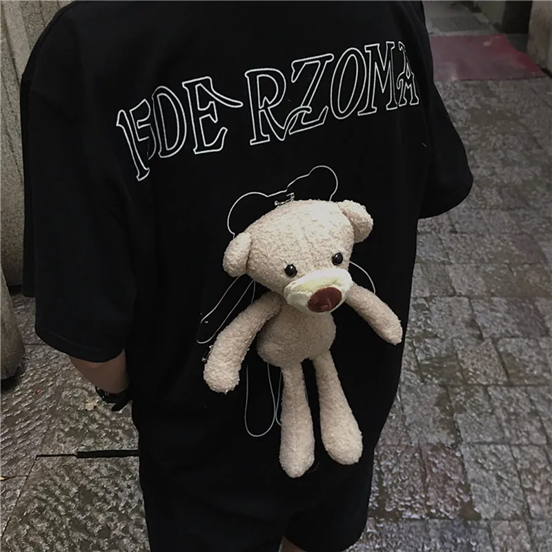 

Ullzang Fashion Long T-shirt Women Back Bear Doll Korean T Shirt Streetwear Letter Print Top Harajuku Tshirt Hip-hop
