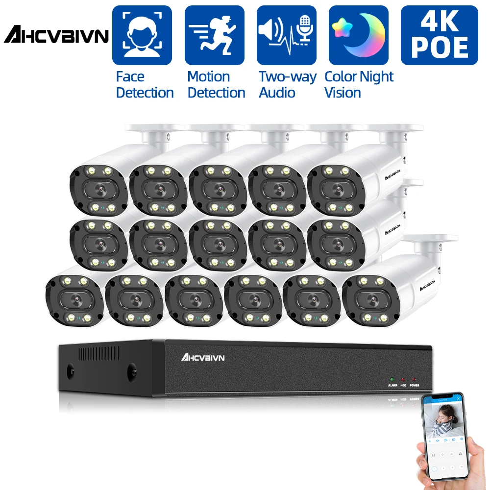 

AHCVBICN H.265 16ch 4K POE NVR 5MP CCTV Camera Security System Outdoor Waterproof 5.0MP Color Night Vision Video Surveillance
