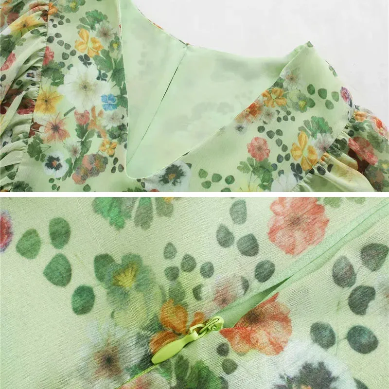 

Women Chiffon floral print midi dress Fashion V neck back ruffles short sleeve female casual dress vestidos 2020 New YNZZU YD396