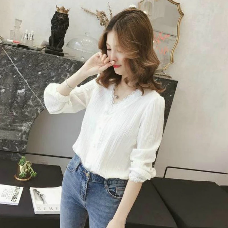 

Women Shirts Solid Elegant Simple Slim V-neck Spring Lace Shirt Female Leisure Stylish Simple All-match Retro Korean Style Chic