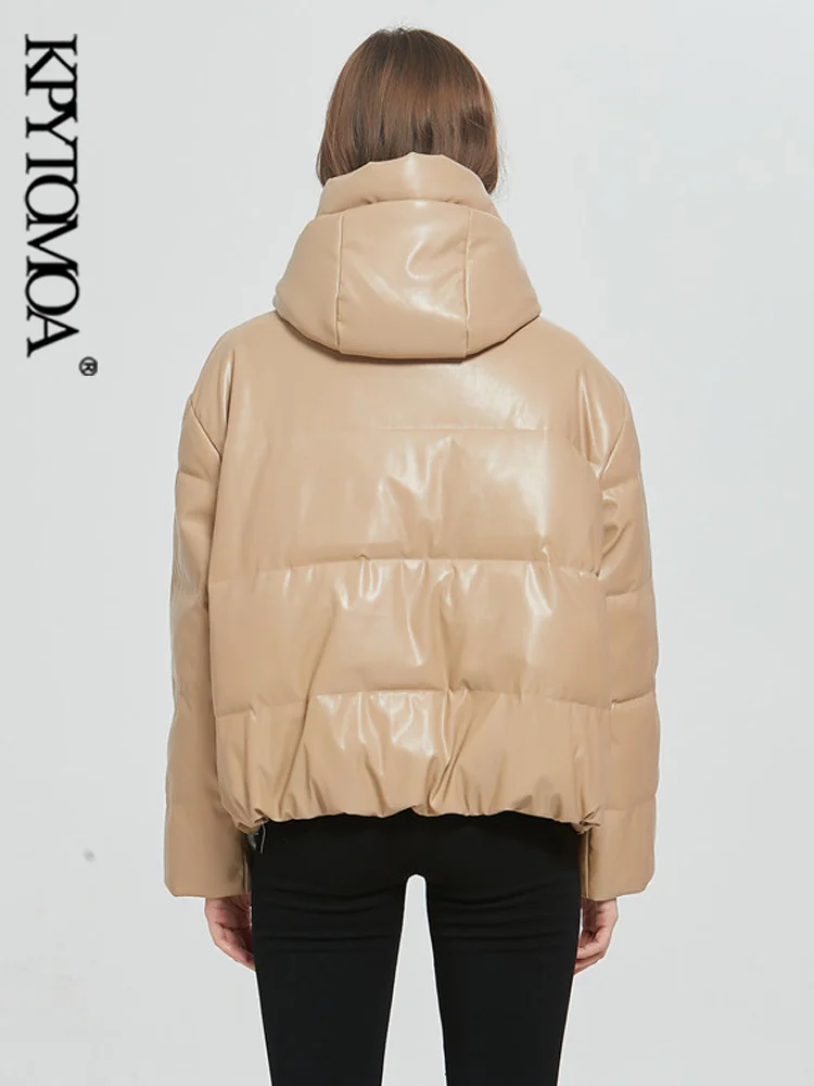 KPYTOMOA Women Fashion Thick Warm Faux Leather Padded Jacket Coat Vintage Long Sleeve Oversized Parka Female Outerwear Chic Tops