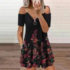 Женское платье с цветочным принтом, повседневное свободное платье на молнии с V-образным вырезом, мини-платье большого размера, лето 2021