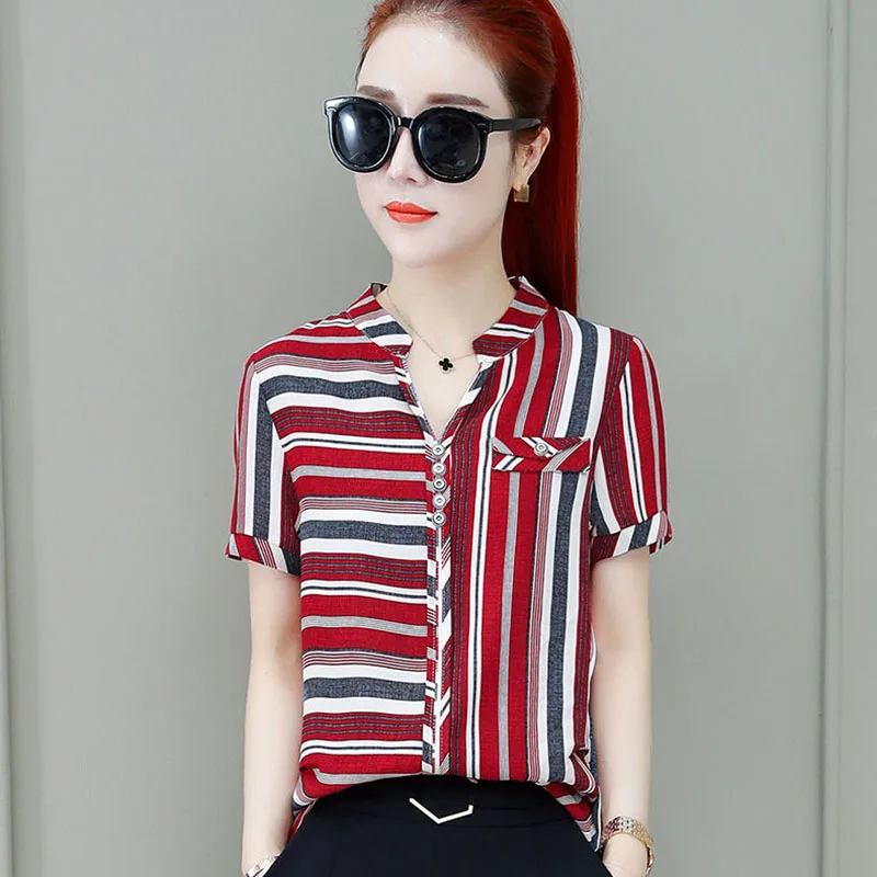 Женские шифоновые блузки рубашки в полоску повседневные с коротким рукавом и