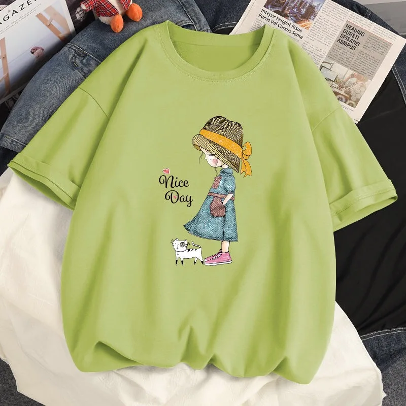 

100% Cotton T Shirt Woman 2021 New Korean Style Shirt Fashion Summer Women Shirts O Neck Short Sleeve T-shirt Woman