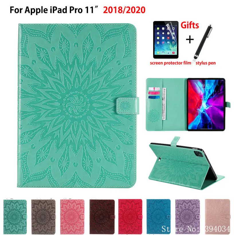 

Case For iPad Pro 11 2020 Cover For iPad Pro 11 2018 Funda Tablet Sun Embossed PU leather Flip Stand Skin Shell Capa Coque +Gift
