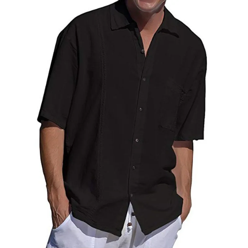Мужская льняная рубашка, повседневная Однотонная рубашка в стиле хип-хоп, с карманами, короткими рукавами, пуговицами и отворотами, 2021, T061, г... от AliExpress WW