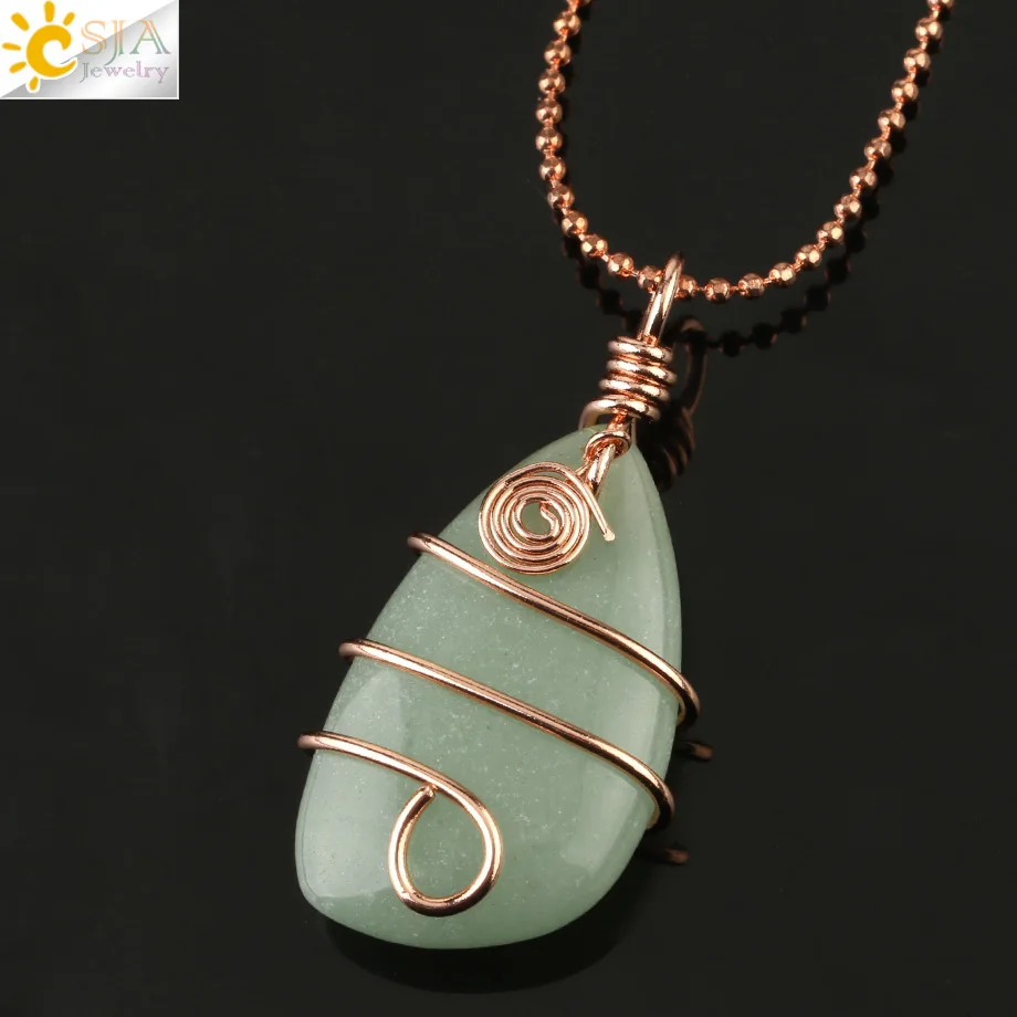 Aventurine Chain CSJA натуральный камень медная проволока обертывание кулон неправильная Геометрическая бусина розовое золото цвет ожерелье для женщин мужчин Исцеление ювелирные изделия G196 - Окраска металла: Aventurine Chain