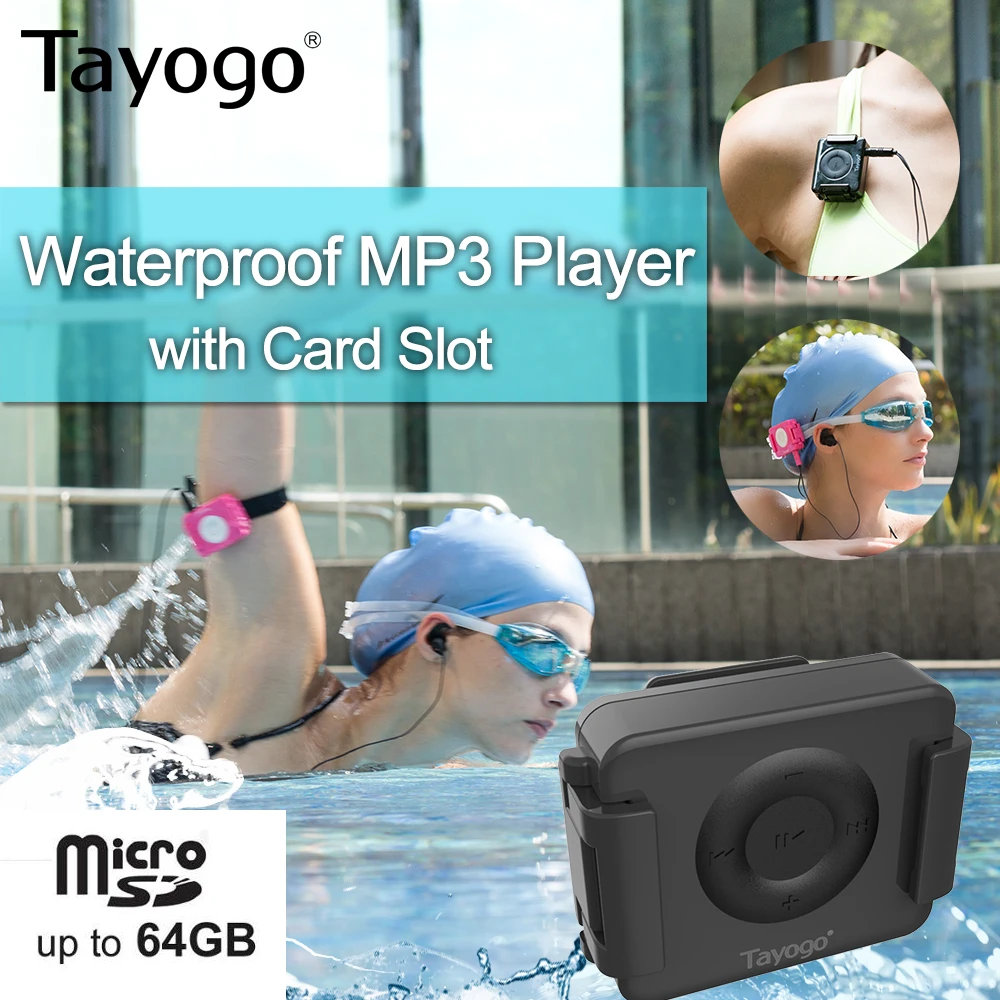 Tayogo IPX8 водонепроницаемый плавательный MP3-плеер гарнитура музыкальный плеер с слотом для карт с функцией перемешивания с наушником для плавания