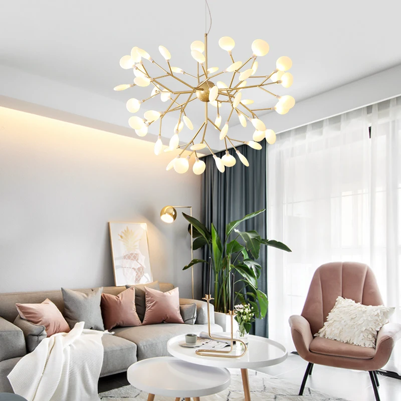 Firefly-lámparas de araña LED para sala de estar, lámpara dorada y negra para colgar en interiores, accesorios de iluminación, Lustres