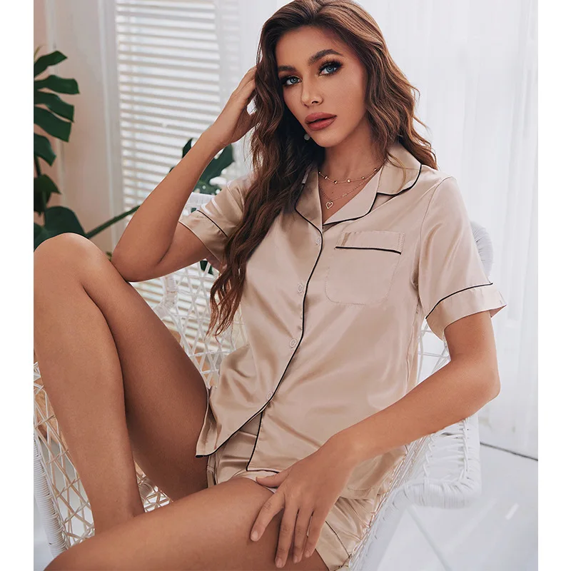 

New Pajama Women's Summer Pajama Shorts Set Solid Color Popular Lapel Leisure Time Leisure Short Sleeve Shorts Suit Women's