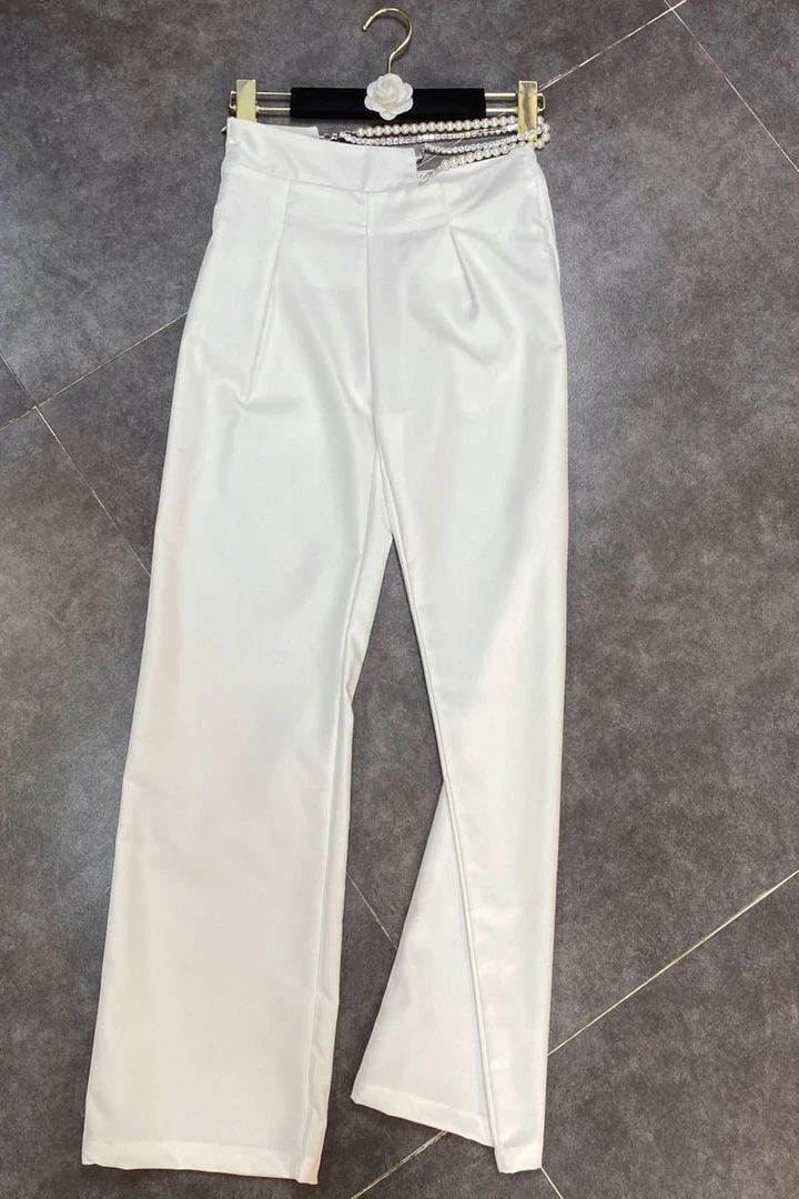 

2021 Summer Women Wide Leg Pants Drill Pearl Chain Hollow Design Pant