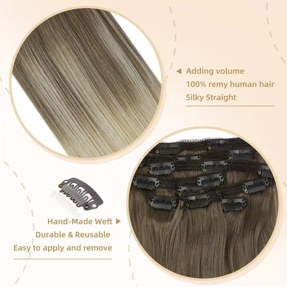 VeSunny Clip in Hair Extensions 100% Real Human 7pcs on Balayage Ombre Dark Brown mix Blonde #14/60 120gr | Шиньоны и парики