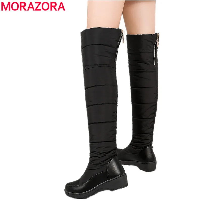 MORAZORA/Большие размеры 35-44, теплые зимние сапоги женские плюшевые сапоги выше колена на молнии женские зимние сапоги из хлопка черного и синего цвета
